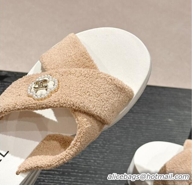 Good Looking Chanel Towl Wedge Slides Sandals 7cm Beige 603134