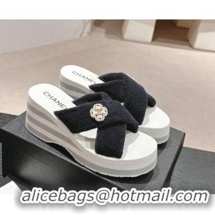 Pretty Style Chanel Towl Wedge Slides Sandals 7cm Black 603135