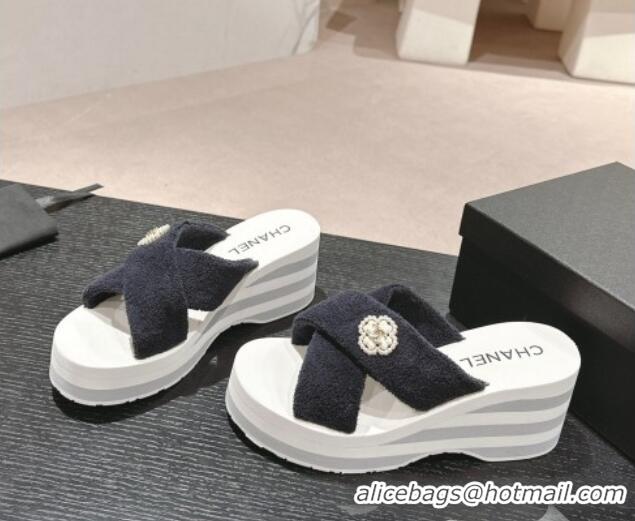 Pretty Style Chanel Towl Wedge Slides Sandals 7cm Black 603135