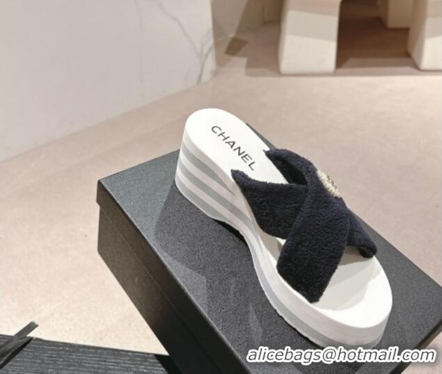 Pretty Style Chanel Towl Wedge Slides Sandals 7cm Black 603135