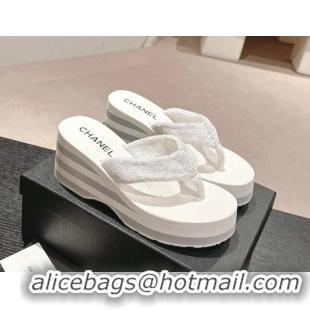 Grade Quality Chanel Towl Wedge Thong Slides Sandal 7cm White 603136