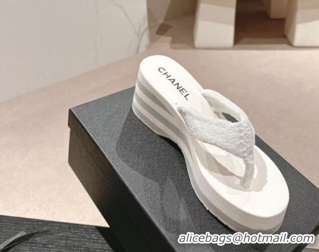 Grade Quality Chanel Towl Wedge Thong Slides Sandal 7cm White 603136