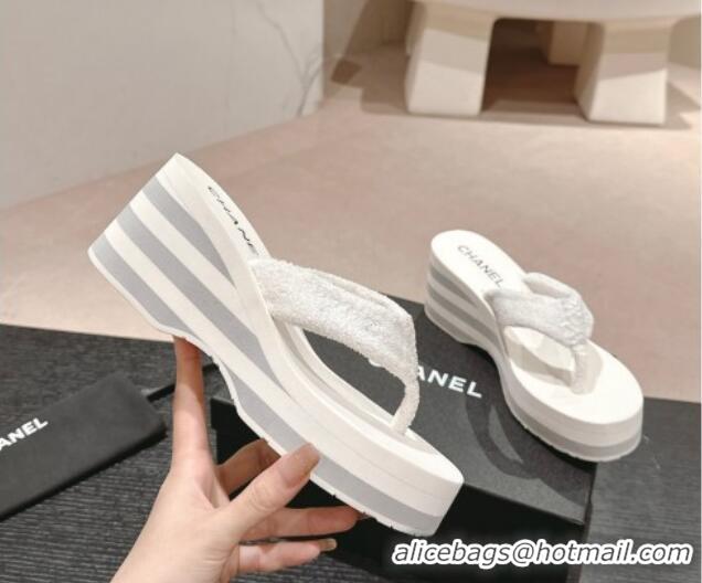 Grade Quality Chanel Towl Wedge Thong Slides Sandal 7cm White 603136