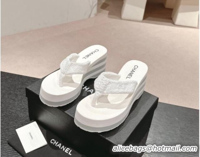 Grade Quality Chanel Towl Wedge Thong Slides Sandal 7cm White 603136