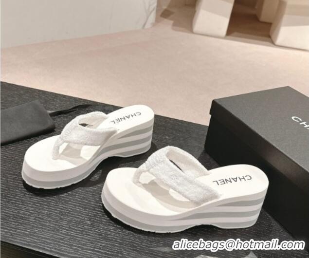 Grade Quality Chanel Towl Wedge Thong Slides Sandal 7cm White 603136