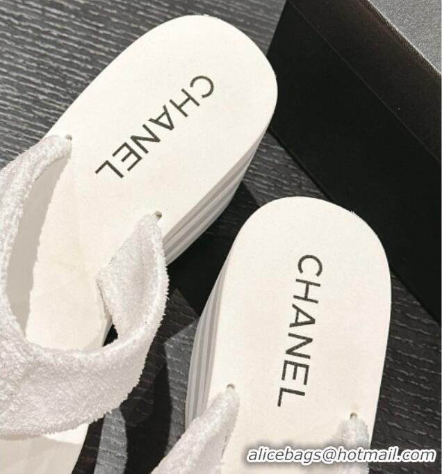 Grade Quality Chanel Towl Wedge Thong Slides Sandal 7cm White 603136