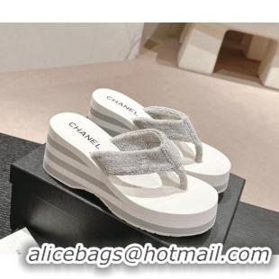 Top Grade Chanel Towl Wedge Thong Slides Sandal 7cm Grey 603137