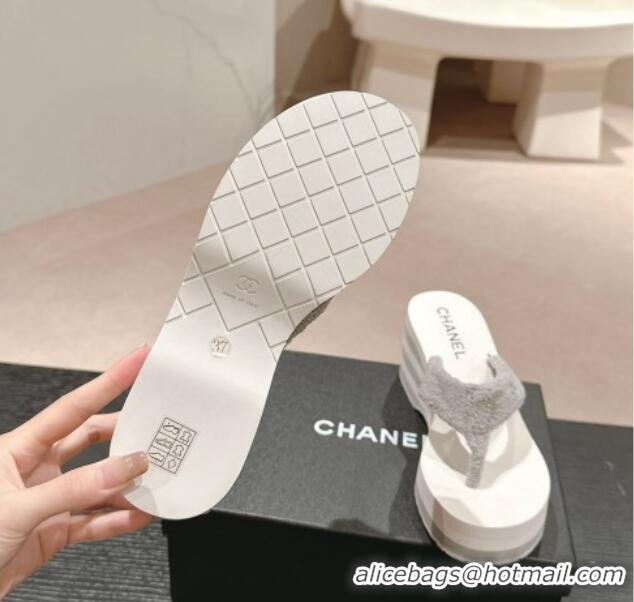 Top Grade Chanel Towl Wedge Thong Slides Sandal 7cm Grey 603137