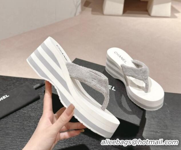 Top Grade Chanel Towl Wedge Thong Slides Sandal 7cm Grey 603137