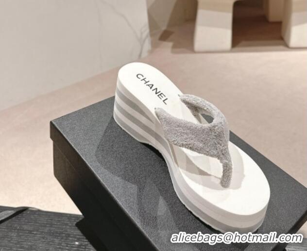 Top Grade Chanel Towl Wedge Thong Slides Sandal 7cm Grey 603137