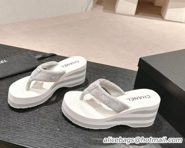 Top Grade Chanel Towl Wedge Thong Slides Sandal 7cm Grey 603137