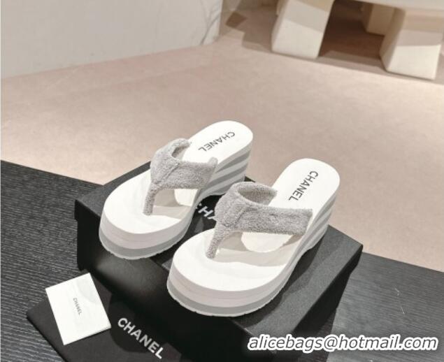 Top Grade Chanel Towl Wedge Thong Slides Sandal 7cm Grey 603137