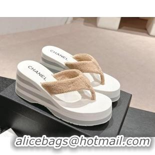 Classic Hot Chanel Towl Wedge Thong Slides Sandal 7cm Beige 603138