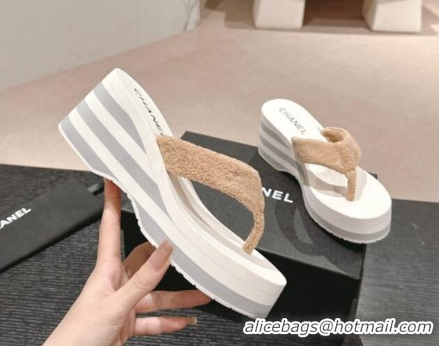 Classic Hot Chanel Towl Wedge Thong Slides Sandal 7cm Beige 603138