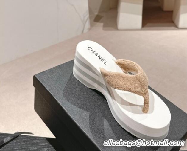 Classic Hot Chanel Towl Wedge Thong Slides Sandal 7cm Beige 603138