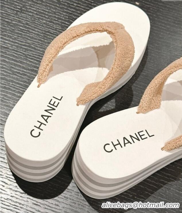 Classic Hot Chanel Towl Wedge Thong Slides Sandal 7cm Beige 603138