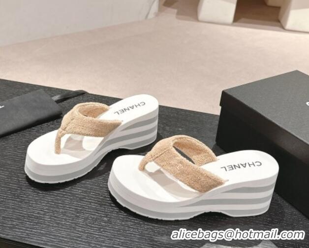 Classic Hot Chanel Towl Wedge Thong Slides Sandal 7cm Beige 603138