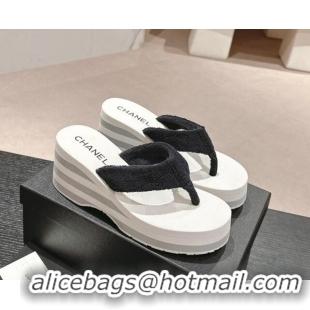 Buy Luxury Chanel Towl Wedge Thong Slides Sandal 7cm Black 603139