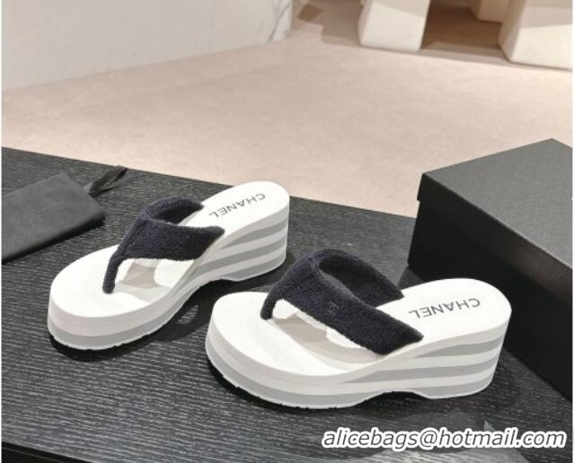 Buy Luxury Chanel Towl Wedge Thong Slides Sandal 7cm Black 603139