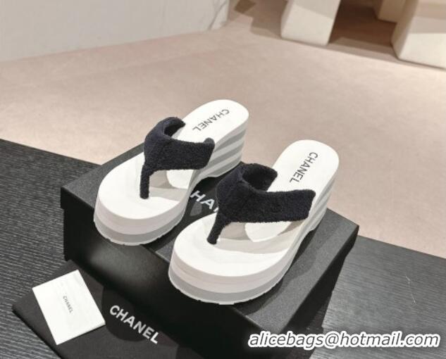 Buy Luxury Chanel Towl Wedge Thong Slides Sandal 7cm Black 603139