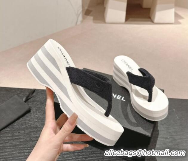 Buy Luxury Chanel Towl Wedge Thong Slides Sandal 7cm Black 603139