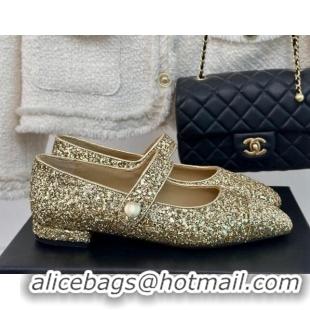 Low Price Chanel Glitter Mary Janes Ballet Flat with Pointed Toe Gold 603140