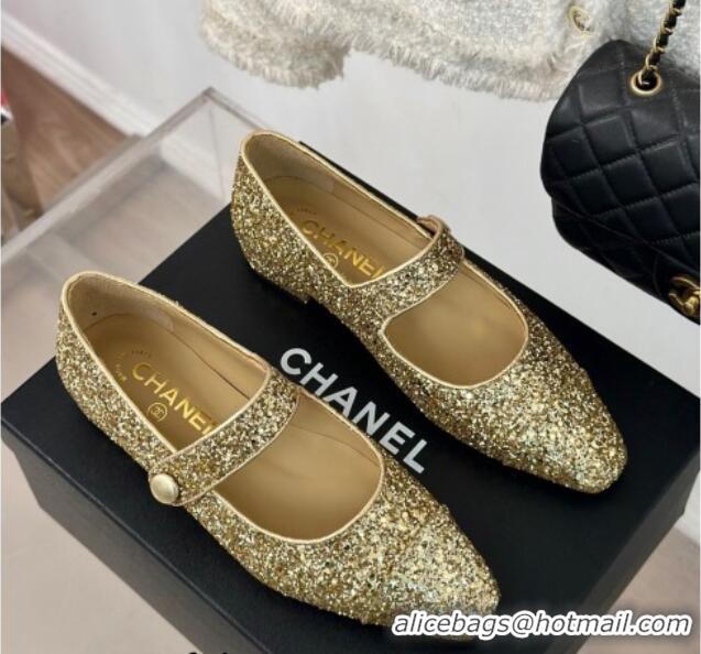 Low Price Chanel Glitter Mary Janes Ballet Flat with Pointed Toe Gold 603140