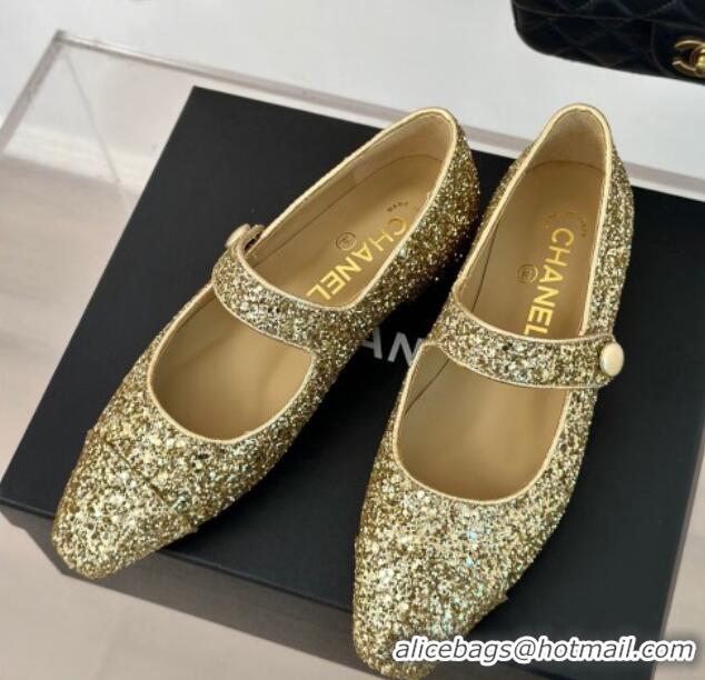 Low Price Chanel Glitter Mary Janes Ballet Flat with Pointed Toe Gold 603140