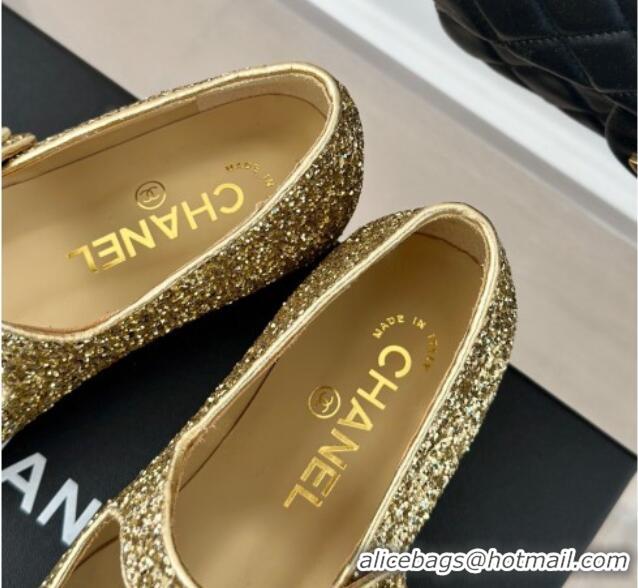 Low Price Chanel Glitter Mary Janes Ballet Flat with Pointed Toe Gold 603140