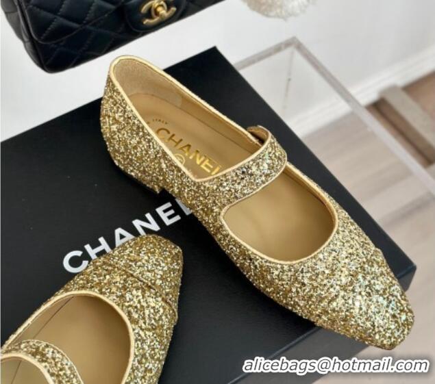 Low Price Chanel Glitter Mary Janes Ballet Flat with Pointed Toe Gold 603140