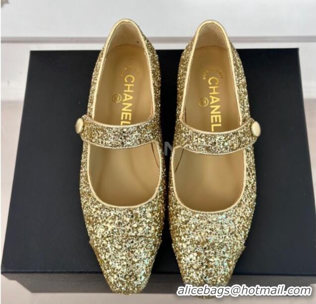 Low Price Chanel Glitter Mary Janes Ballet Flat with Pointed Toe Gold 603140