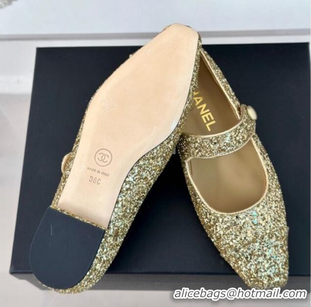 Low Price Chanel Glitter Mary Janes Ballet Flat with Pointed Toe Gold 603140