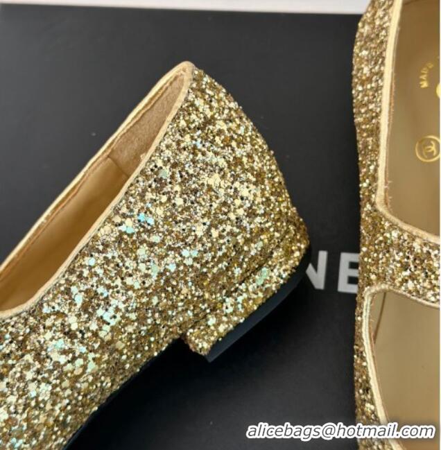 Low Price Chanel Glitter Mary Janes Ballet Flat with Pointed Toe Gold 603140