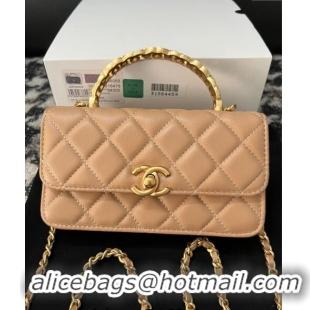 Inexpensive Chanel Shiny Lambskin Clutch with Chain and CC Top Handle A96068 Beige 2024