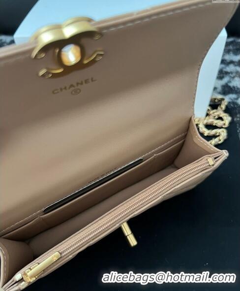 Inexpensive Chanel Shiny Lambskin Clutch with Chain and CC Top Handle A96068 Beige 2024