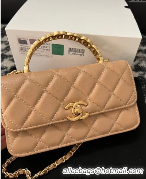 Inexpensive Chanel Shiny Lambskin Clutch with Chain and CC Top Handle A96068 Beige 2024