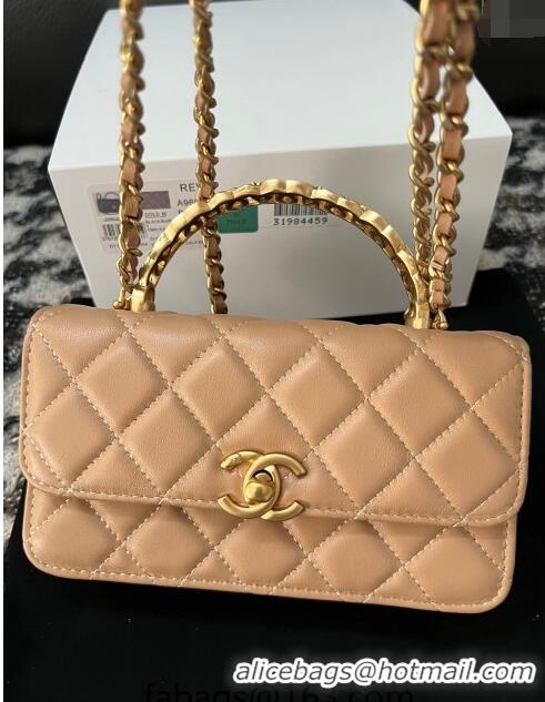 Inexpensive Chanel Shiny Lambskin Clutch with Chain and CC Top Handle A96068 Beige 2024