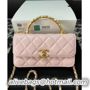 Low Cost Chanel Shiny Lambskin Clutch with Chain and CC Top Handle A96068 Light Pink 2024