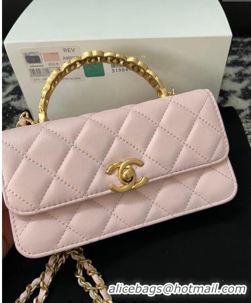 Low Cost Chanel Shiny Lambskin Clutch with Chain and CC Top Handle A96068 Light Pink 2024