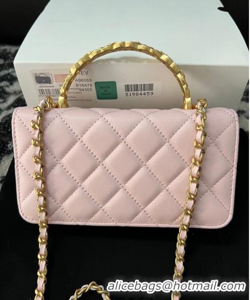 Low Cost Chanel Shiny Lambskin Clutch with Chain and CC Top Handle A96068 Light Pink 2024