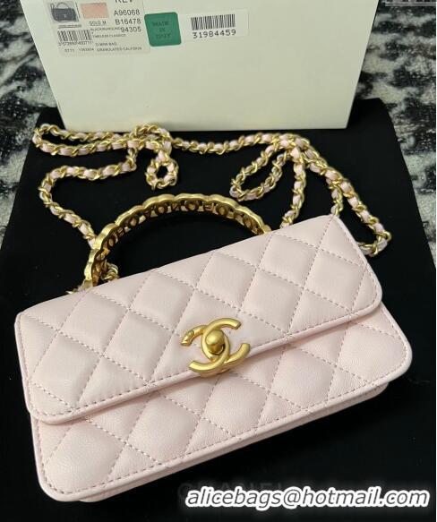 Low Cost Chanel Shiny Lambskin Clutch with Chain and CC Top Handle A96068 Light Pink 2024