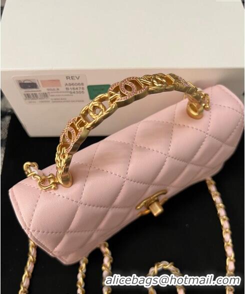 Low Cost Chanel Shiny Lambskin Clutch with Chain and CC Top Handle A96068 Light Pink 2024