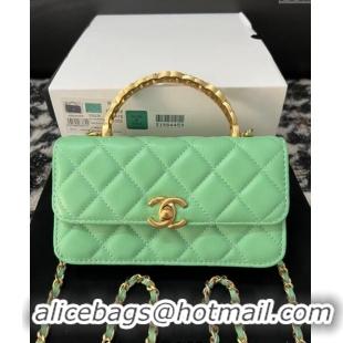 Promotional Chanel Shiny Lambskin Clutch with Chain and CC Top Handle A96068 Light Green 2024