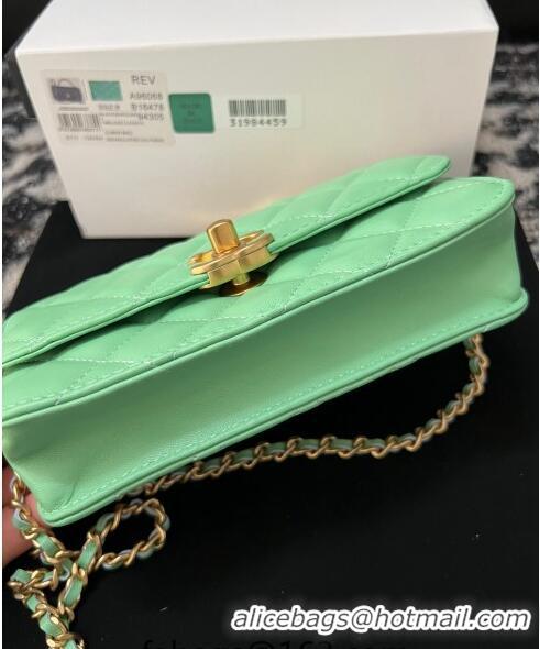 Promotional Chanel Shiny Lambskin Clutch with Chain and CC Top Handle A96068 Light Green 2024