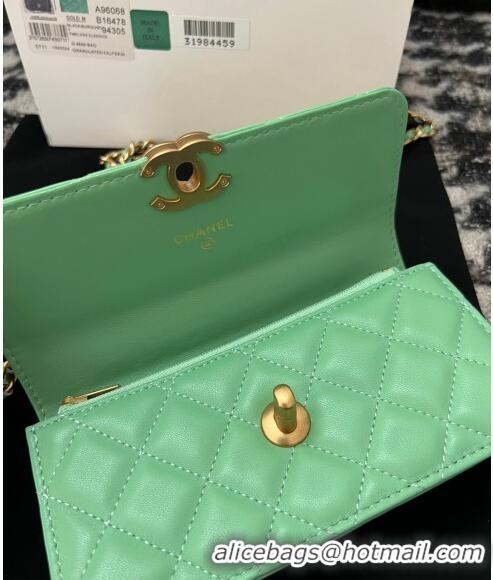 Promotional Chanel Shiny Lambskin Clutch with Chain and CC Top Handle A96068 Light Green 2024