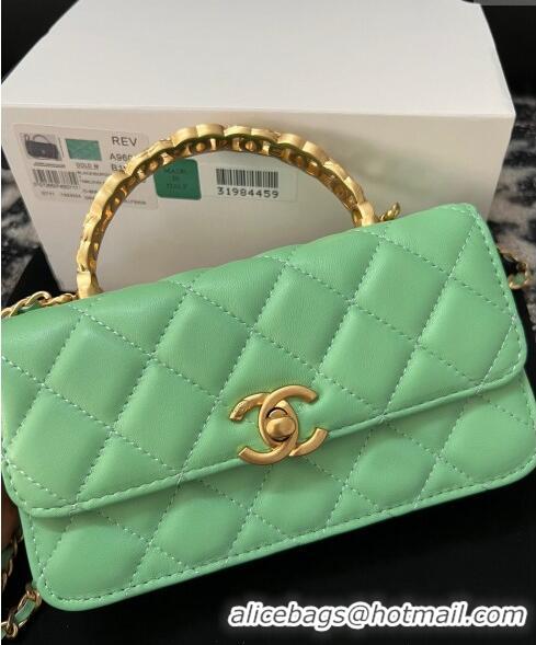 Promotional Chanel Shiny Lambskin Clutch with Chain and CC Top Handle A96068 Light Green 2024