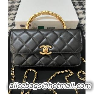 Buy Discount Chanel Shiny Lambskin Clutch with Chain and CC Top Handle A96068 Black 2024