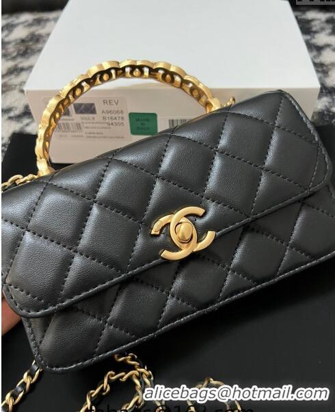 Buy Discount Chanel Shiny Lambskin Clutch with Chain and CC Top Handle A96068 Black 2024