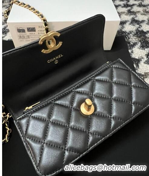 Buy Discount Chanel Shiny Lambskin Clutch with Chain and CC Top Handle A96068 Black 2024