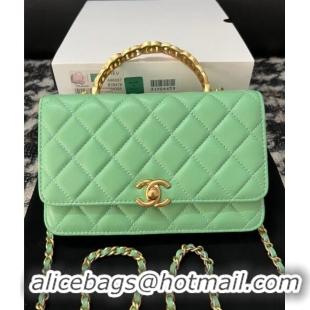 Top Quality Chanel Shiny Lambskin Wallet On Chain WOC with CC Top Handle AP3944 Light Green 2024